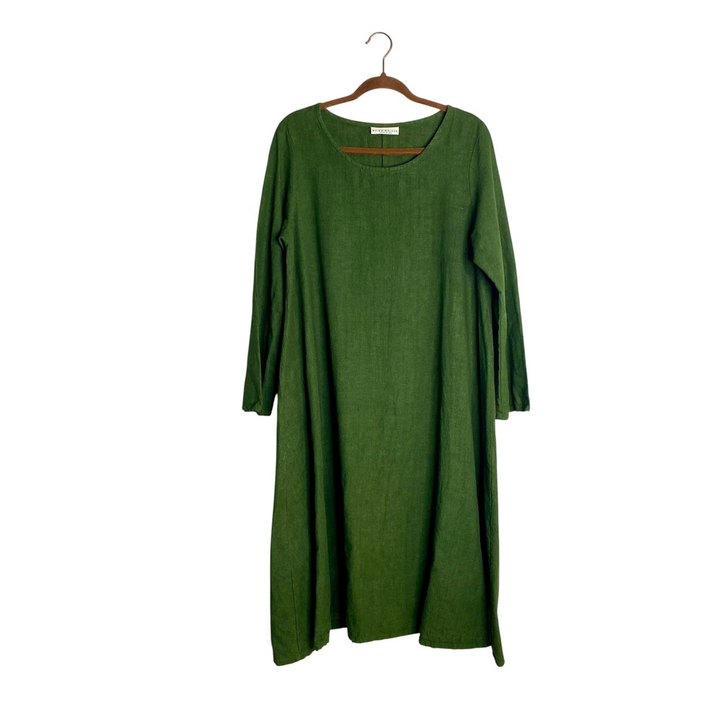 Bryn Walker Green Linen Midi Dress Lagenlook Coastal Grandmother Quiet Luxury